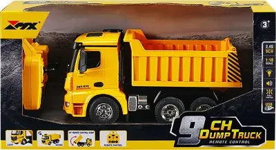 ZMX 9CH Dump Truck box front showing yellow remote control dump truck inside packaging