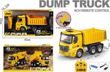 ZMX dump truck product panel showing boxed toy, truck dimensions, controller, battery and USB cable