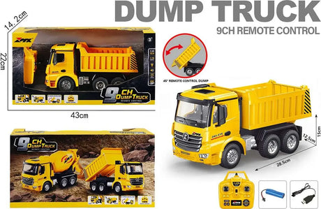 ZMX dump truck product panel showing boxed toy, truck dimensions, controller, battery and USB cable
