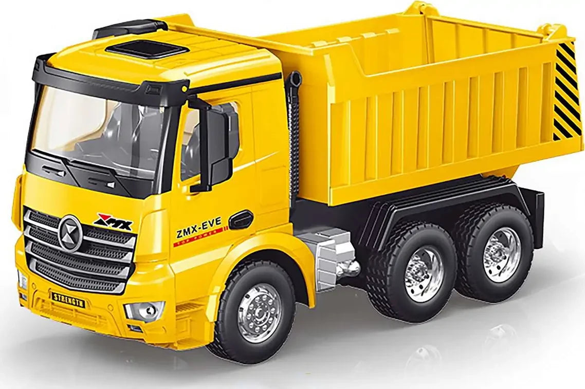 Yellow ZMX Engineering dump truck toy with black wheels and open rear dumper bed