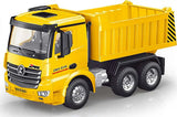 Yellow ZMX Engineering dump truck toy with black wheels and open rear dumper bed