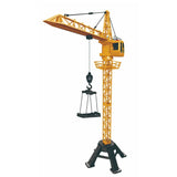 Tall yellow ZMX tower crane with working hook and lifting platform displayed on a white background