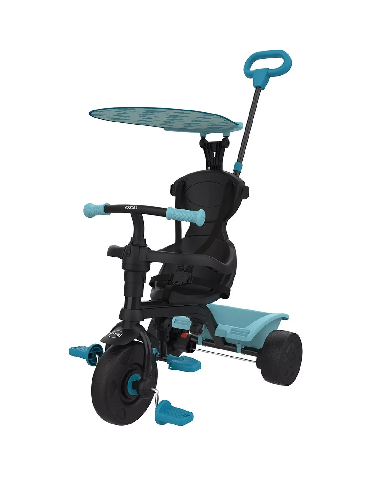 Zoomee 4 in 1 Dino Discovery Trike with blue handles and dinosaur canopy