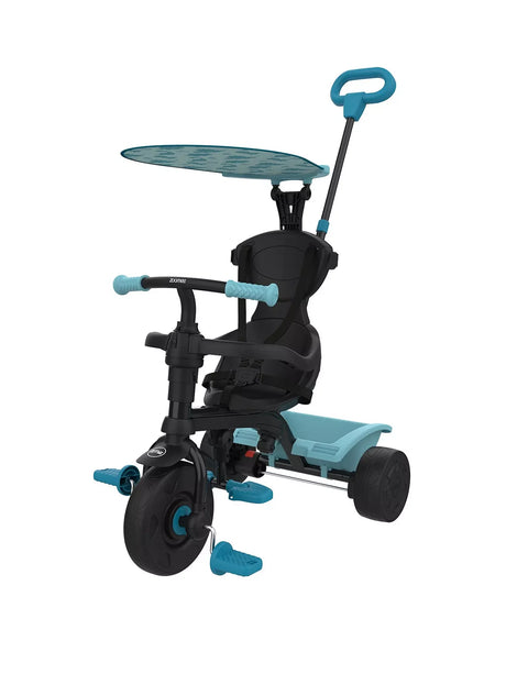 Zoomee 4 in 1 Dino Discovery Trike with blue handles and dinosaur canopy