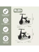 Zoomee Balance Bike to Trike product dimensions and features graphic