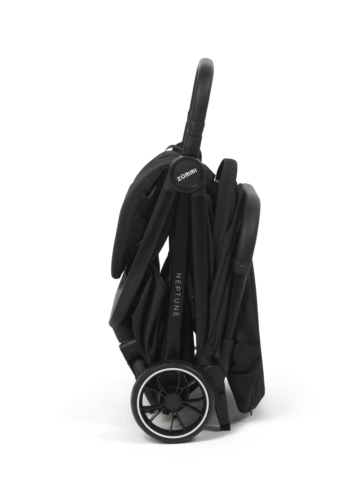 Zummi Neptune Midnight black stroller folded upright in side view with wheels visible