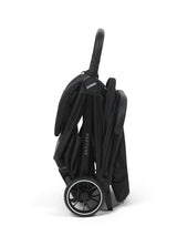 Zummi Neptune Midnight black stroller folded upright in side view with wheels visible