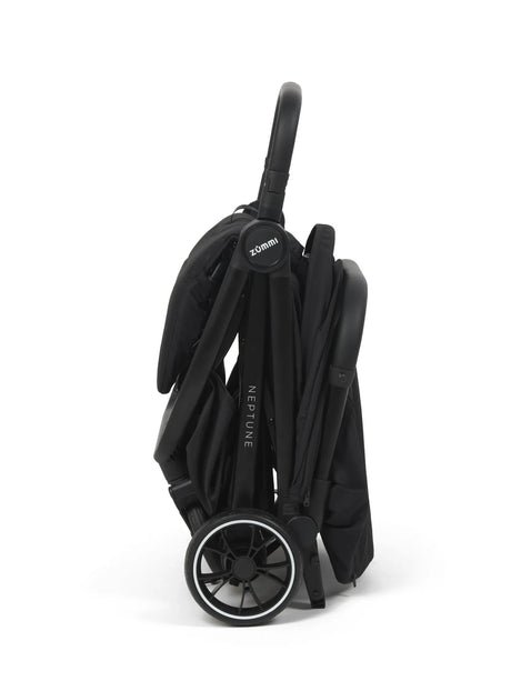 Zummi Neptune Midnight black stroller folded upright in side view with wheels visible