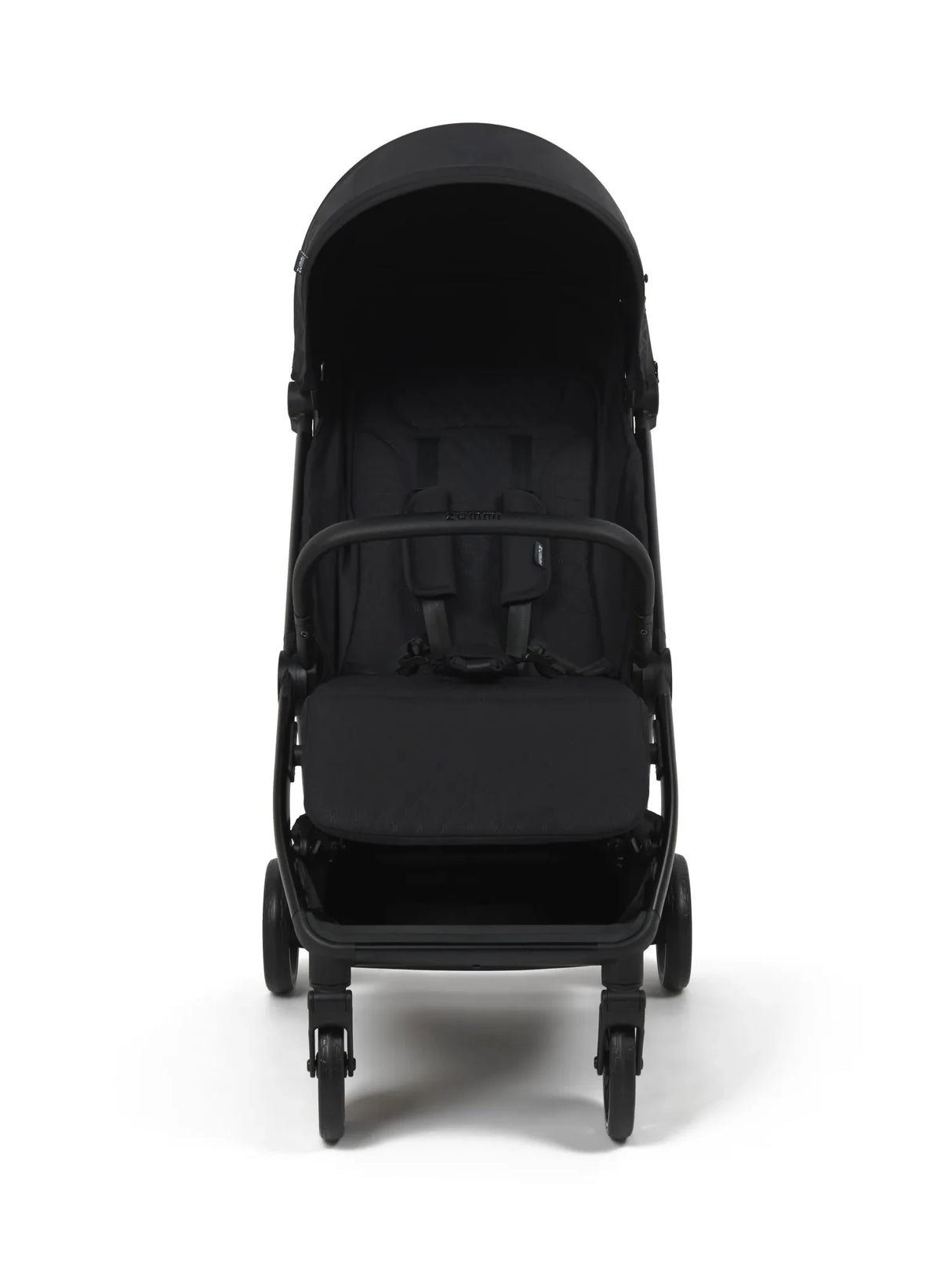 Zummi Neptune Midnight black stroller front view with canopy, harness and double wheels