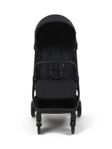 Zummi Neptune Midnight black stroller front view with canopy, harness and double wheels