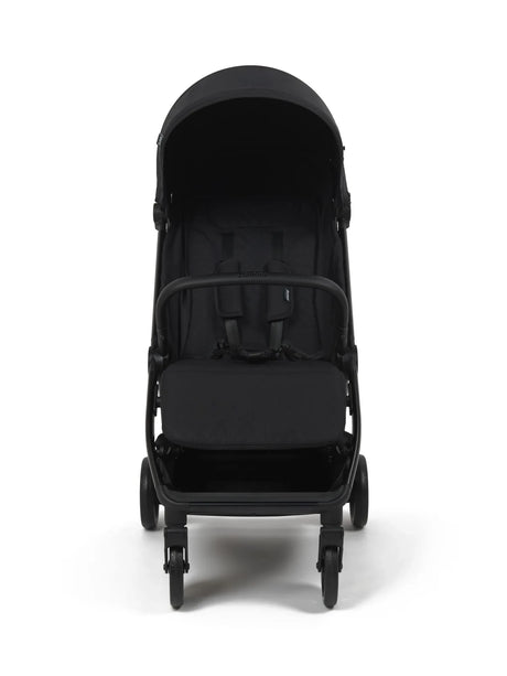Zummi Neptune Midnight black stroller front view with canopy, harness and double wheels