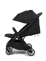 Zummi Neptune Midnight black stroller side view with reclined seat, raised footrest and canopy