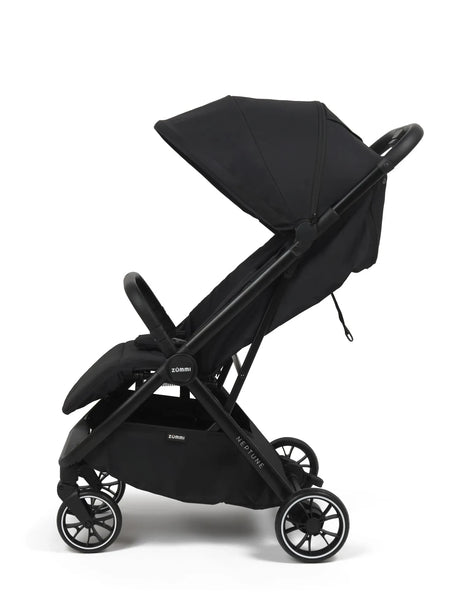 Zummi Neptune Midnight black stroller side view with canopy, bumper bar and storage basket