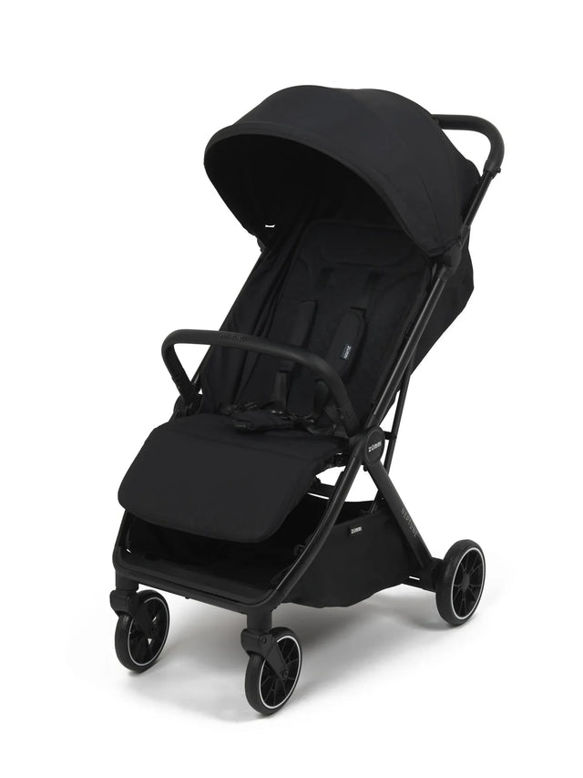 Zummi Neptune Midnight black stroller three quarter front view with canopy, harness and bumper bar