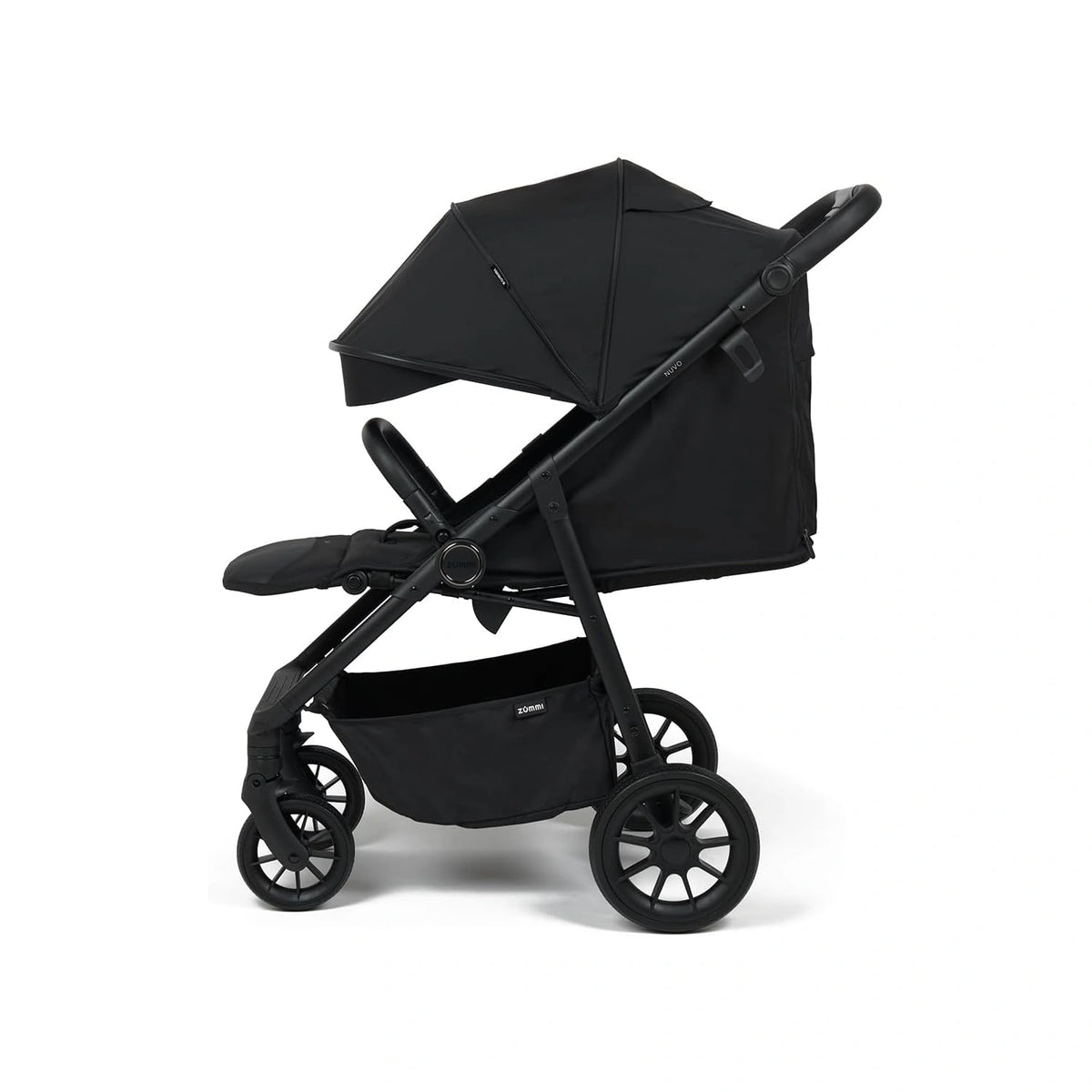 Zummi Nuvo Compact Stroller Black side view with seat fully reclined and canopy extended