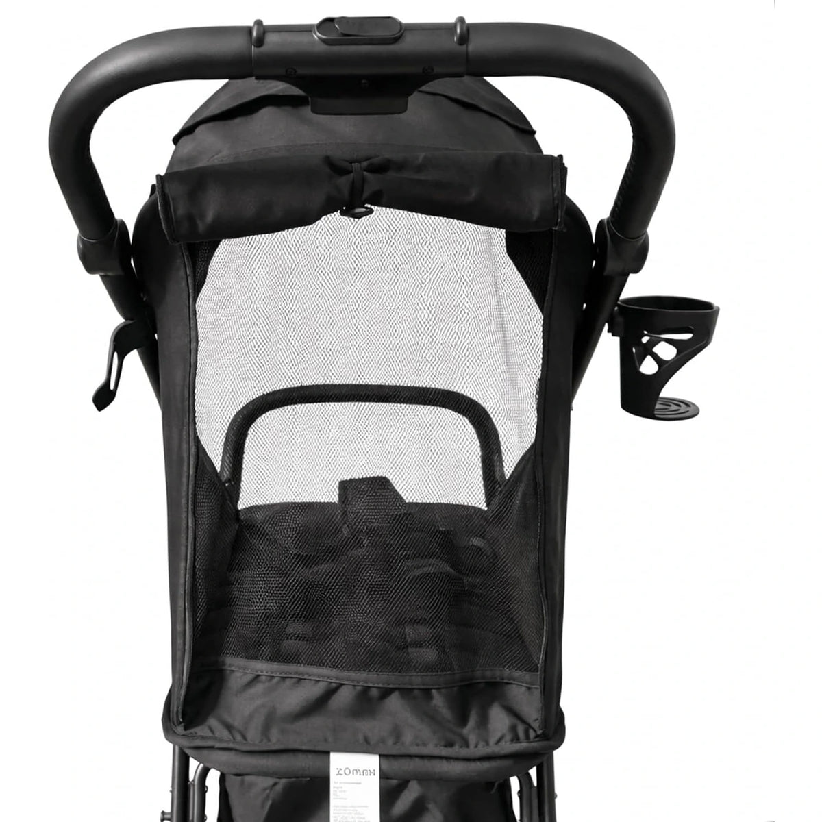 Zummi Nuvo Compact Stroller Black rear view showing mesh ventilation panel and cup holder