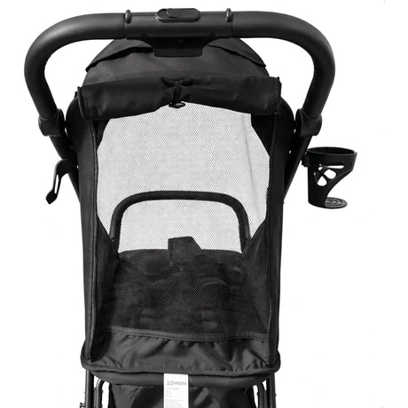 Zummi Nuvo Compact Stroller Black rear view showing mesh ventilation panel and cup holder