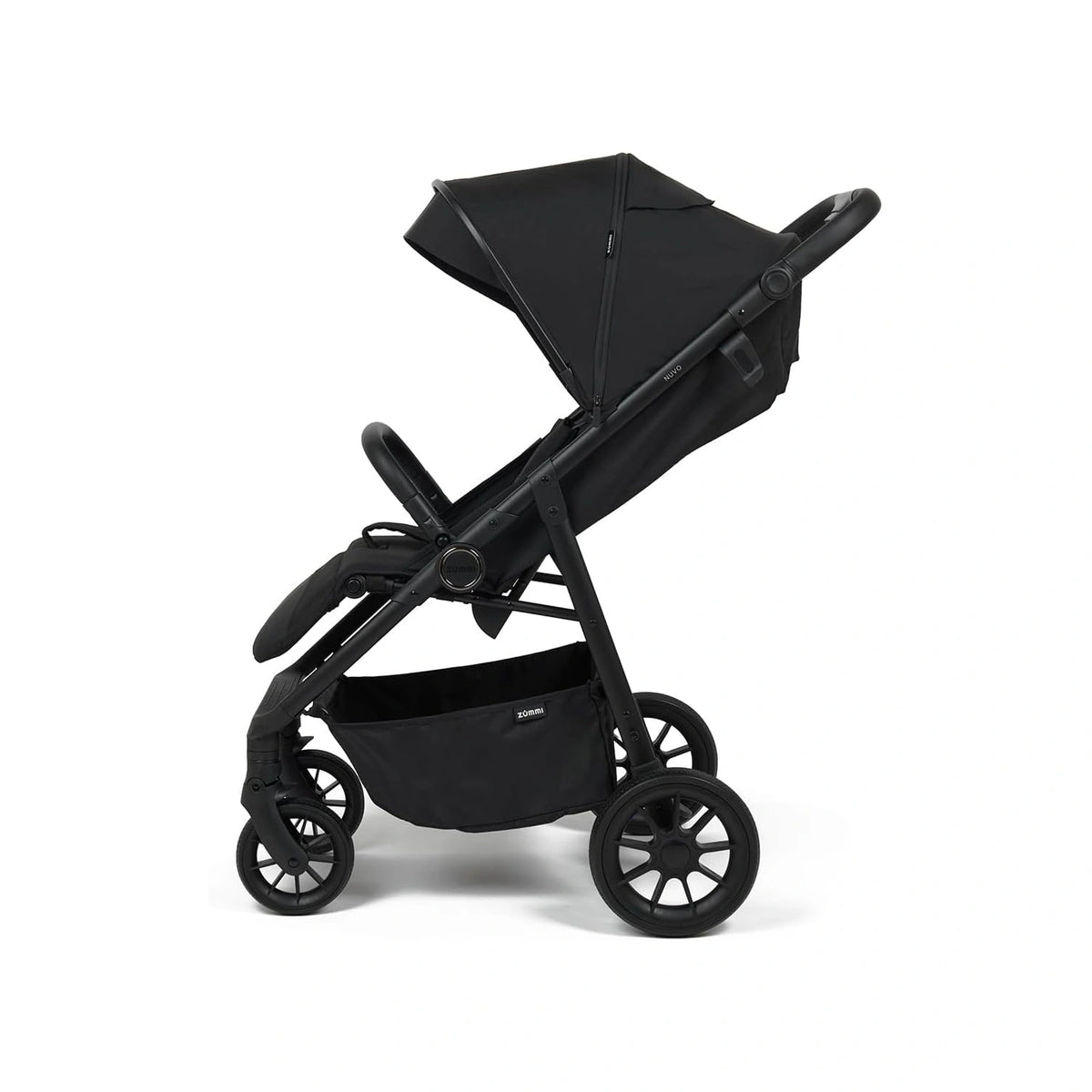 Zummi Nuvo Compact Stroller Black side view with seat upright and canopy extended