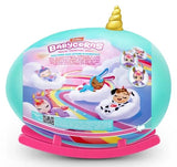 Back of teal ZURU Babycorns Surprise egg with rainbow artwork, sleeping Babycorn illustrations and product information on white stand