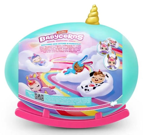 Back of teal ZURU Babycorns Surprise egg with rainbow artwork, sleeping Babycorn illustrations and product information on white stand