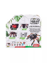 Back of Zuru Robo Alive Giant Tarantula packaging showing light up eyes, movement and web compound feature panels