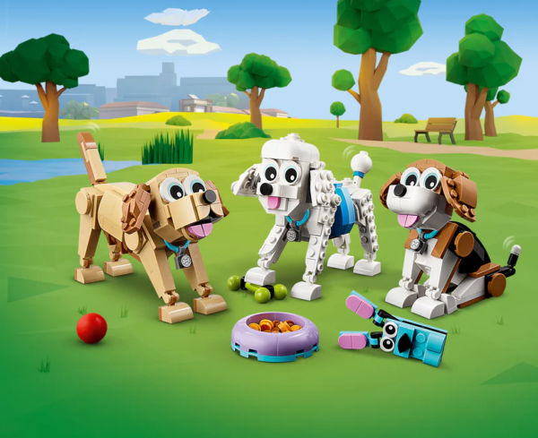 3in1 building set – Kids can create 3 different groups of dogs with this fantastic LEGO® Creator 3in1 Adorable Dogs (31137) playset A range of dog toys – Dog-lovers can build and play with 3 different groups: a beagle, a poodle and a Labrador; a miniature schnauzer and a pug; or a husky and a long-haired dachshund Posable toys – All of the dogs in the 3 sets have a posable head, tail and ears and can fold their legs and paws to either sit or stretch out Fun accessories – All 3 groups of dogs come with accessories such as a food bowl, rubber bone, ball, hairbrush, toy rabbit or dog-walking leash A simple build – This 475-piece dog toy set lets kids aged 7+ experience build-and-play fun and is a gift idea for any occasion for passionate dog-lovers Play and display – Measuring over 3 in. (8 cm) high, 5.5 in. (14 cm) long and 1.5 in. (5 cm) wide, the beagle model is a portable size for dog fans to take on their travels or proudly display at home More 3in1 fun – Look out for others in the LEGO® Creator 3in1 range, including the Vintage Motorcycle (31135), Exotic Parrot (31136) and Beach Camper Van (31138) playsets A helping hand – Discover intuitive building instructions in the LEGO® Builder app where kids can zoom in and rotate models in 3D, track progress and save sets as they develop new skills High quality – For more than 6 decades, LEGO® bricks have been made to ensure they pull apart consistently every time Safety assurance – LEGO® building bricks meet stringent global safety standards